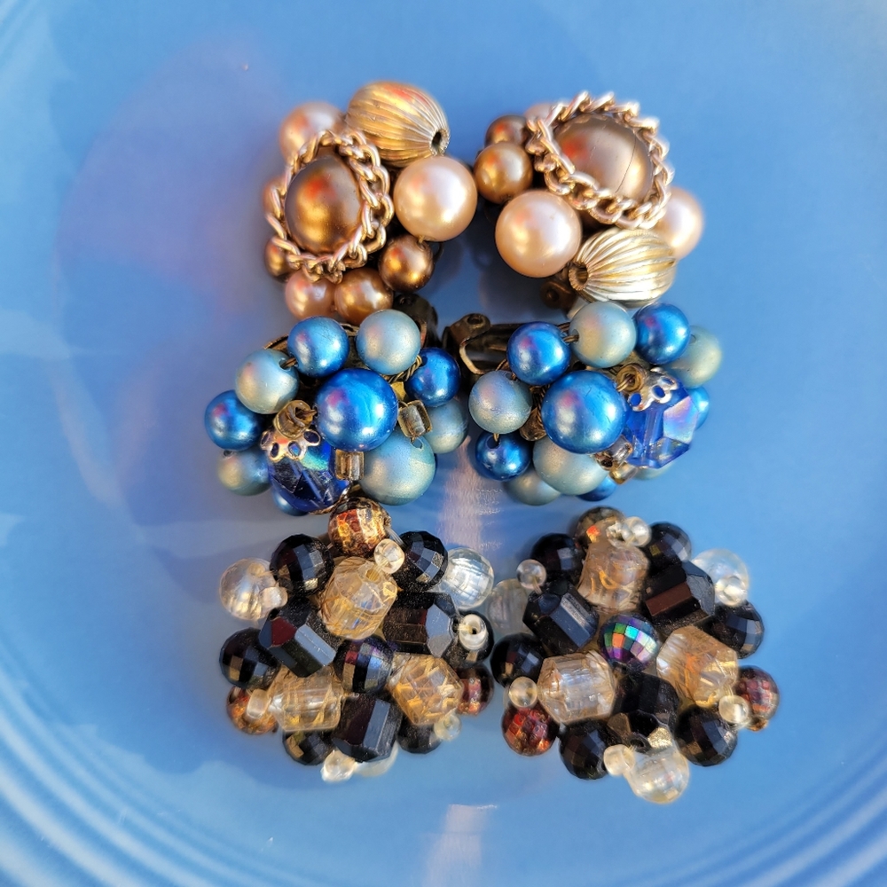 Vintage Beaded Clip-On Earrings (3)  Germany ~ Japan ~ Faux Pearl ~ Blue ~ Black